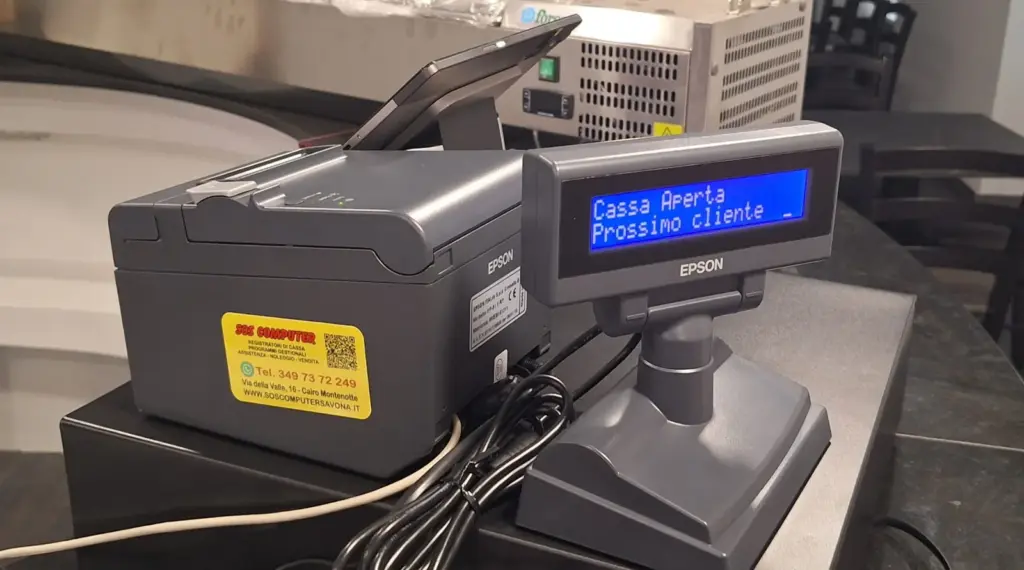 Stampante fiscale Epson con display cliente e adesivo assistenza SOS Computer